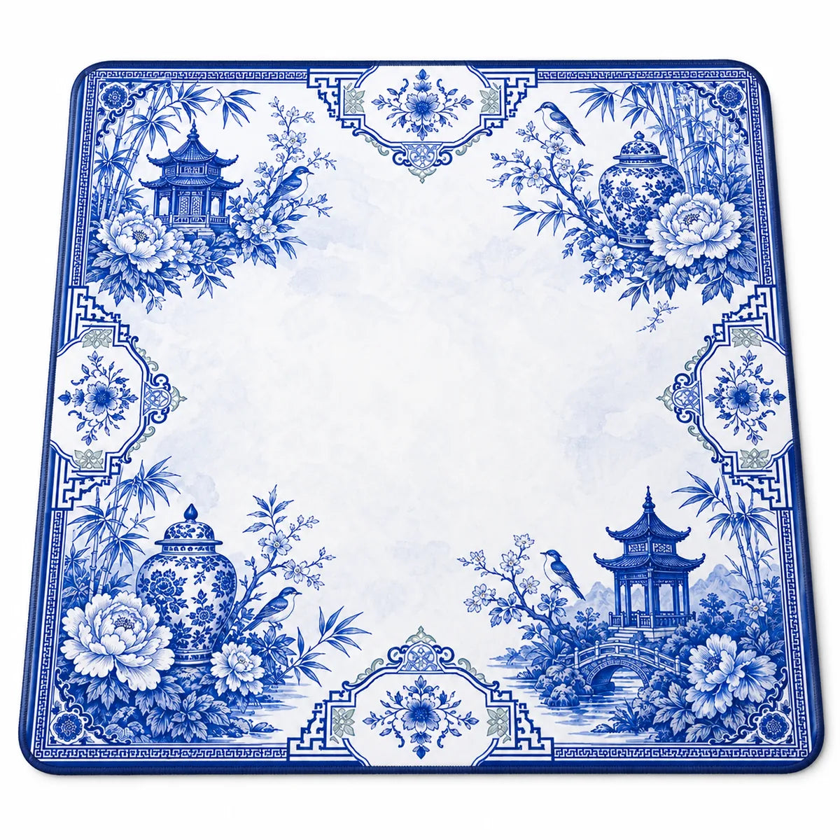 Blue Chinoiserie American Mahjong mat product and lifestyle view 2