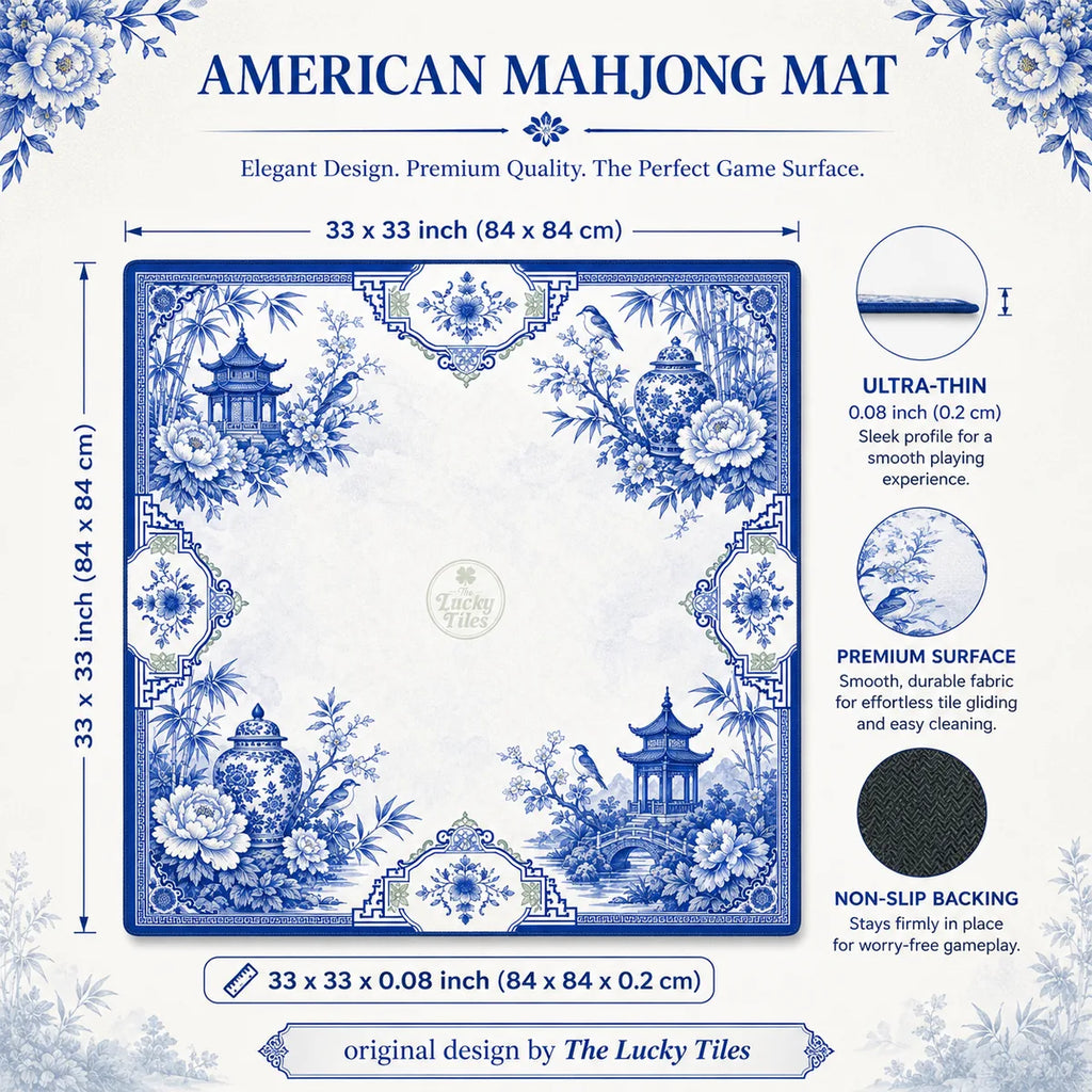 Blue Chinoiserie American Mahjong mat product and lifestyle view 6