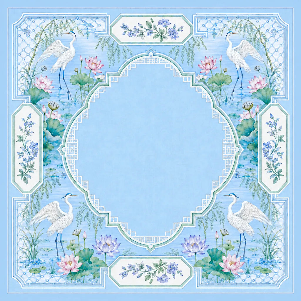 Blue Pine Crane American Mahjong mat product and lifestyle view 2