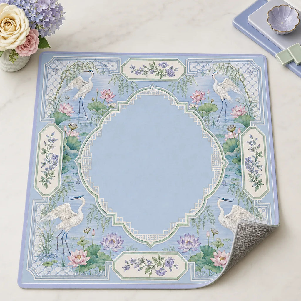 Blue Pine Crane American Mahjong mat product and lifestyle view 5