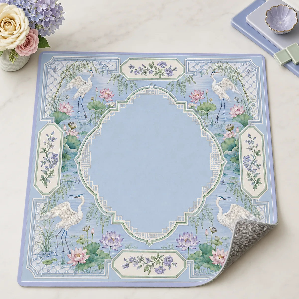 Blue Pine Crane American Mahjong mat product and lifestyle view 5