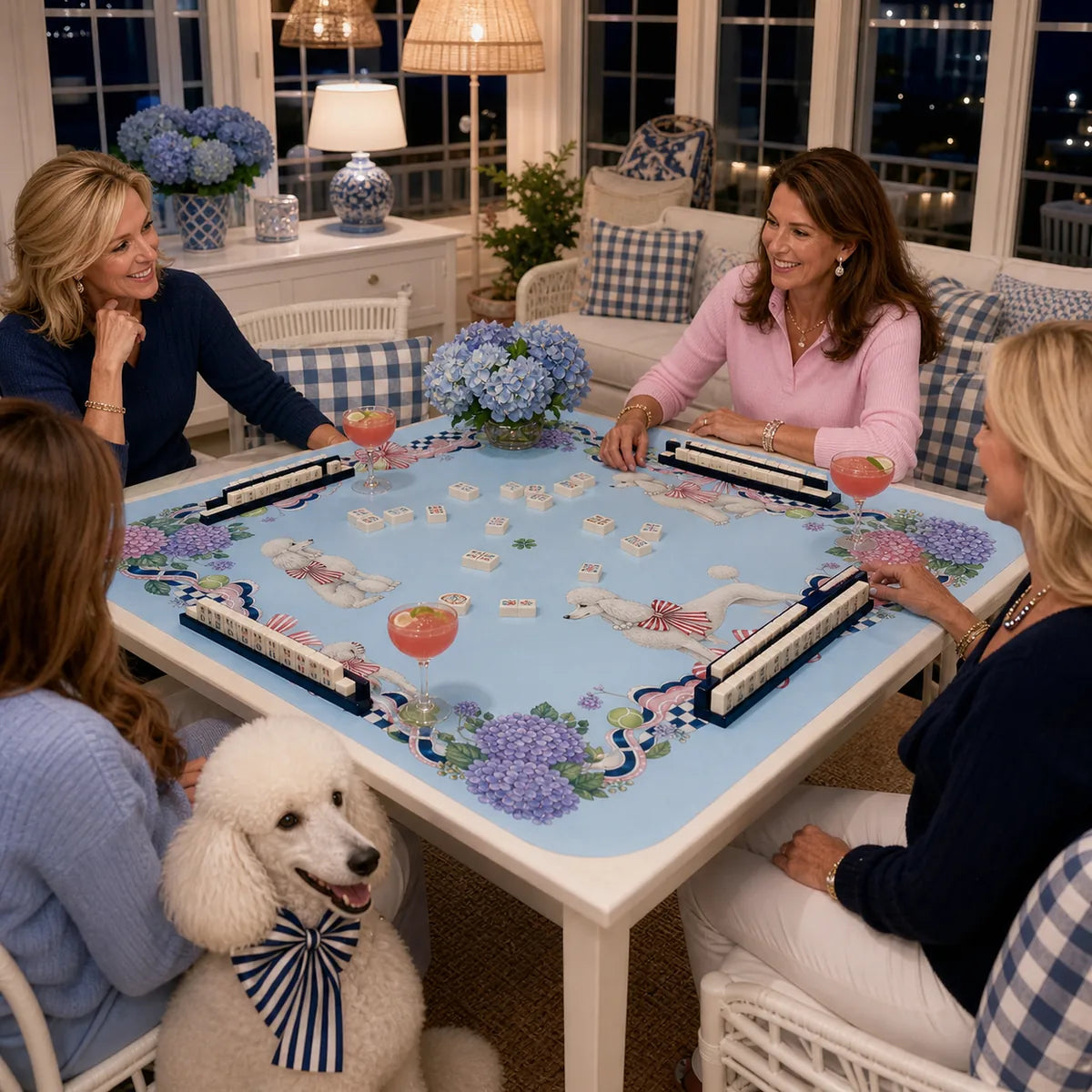 Blue Poodle Garden American Mahjong mat product and lifestyle view 5