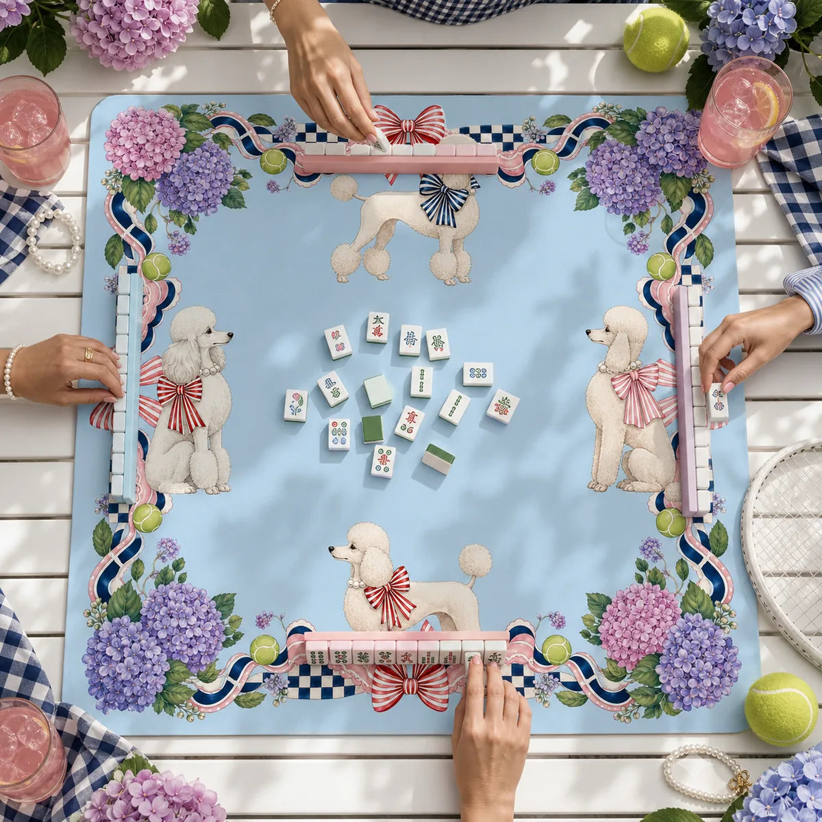 Blue Poodle Garden American Mahjong mat product and lifestyle view 6