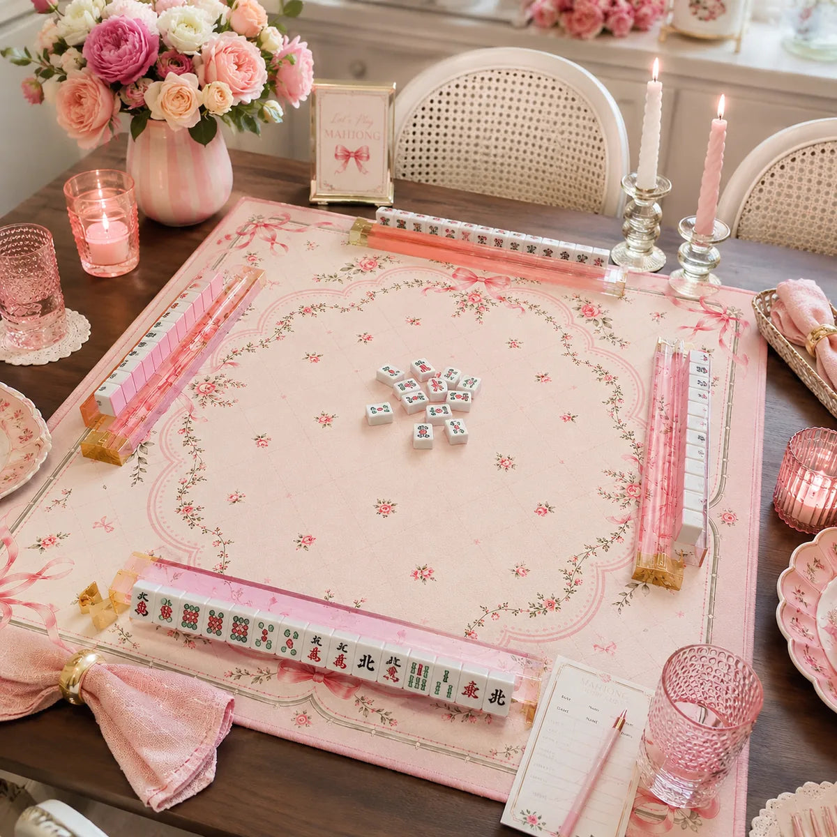 Blush Bow Garden American Mahjong mat product and lifestyle view 6