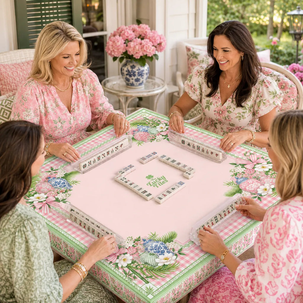 Blush Garden Plaid American Mahjong mat product and lifestyle view 4
