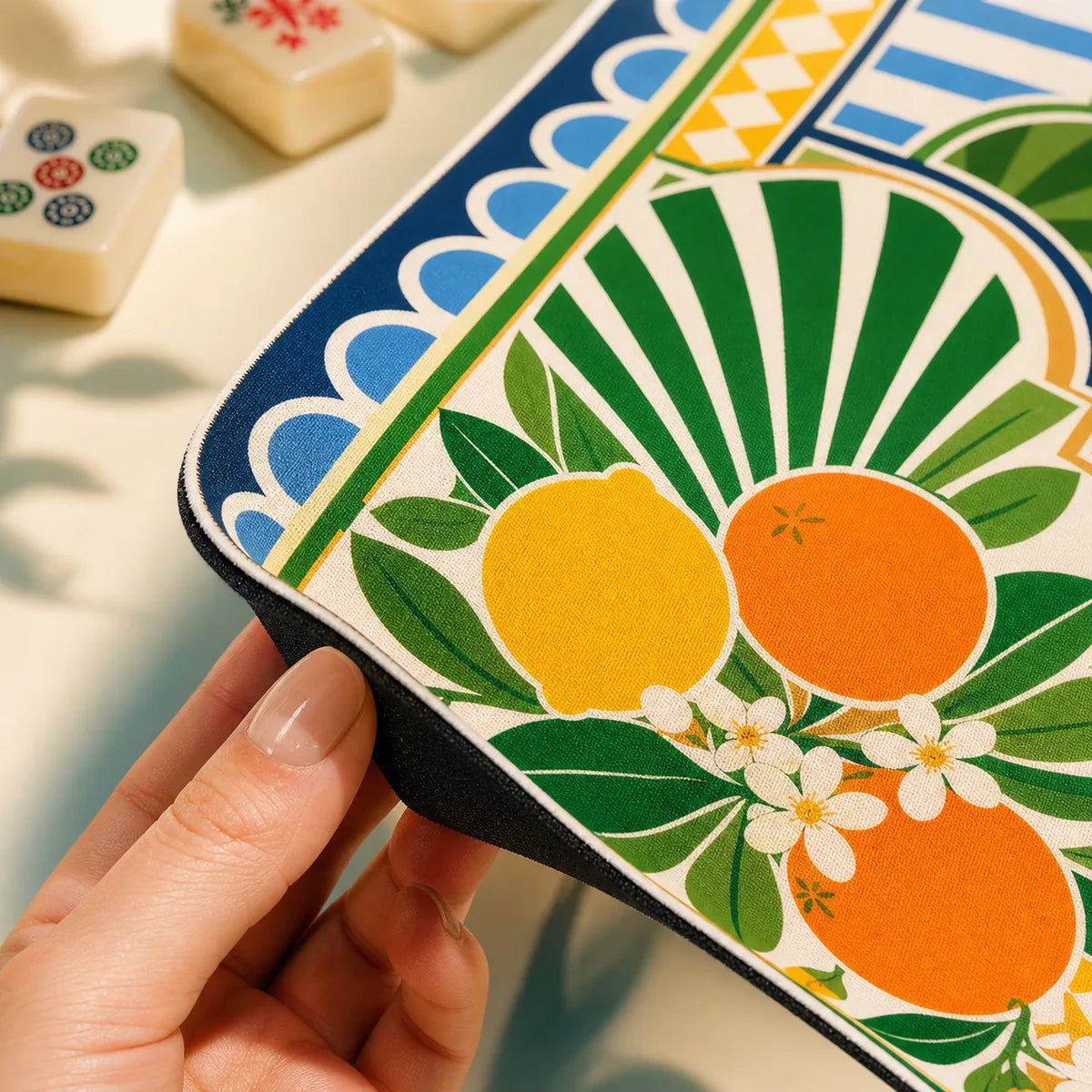 Citrus Geometry American Mahjong mat product and lifestyle view 6