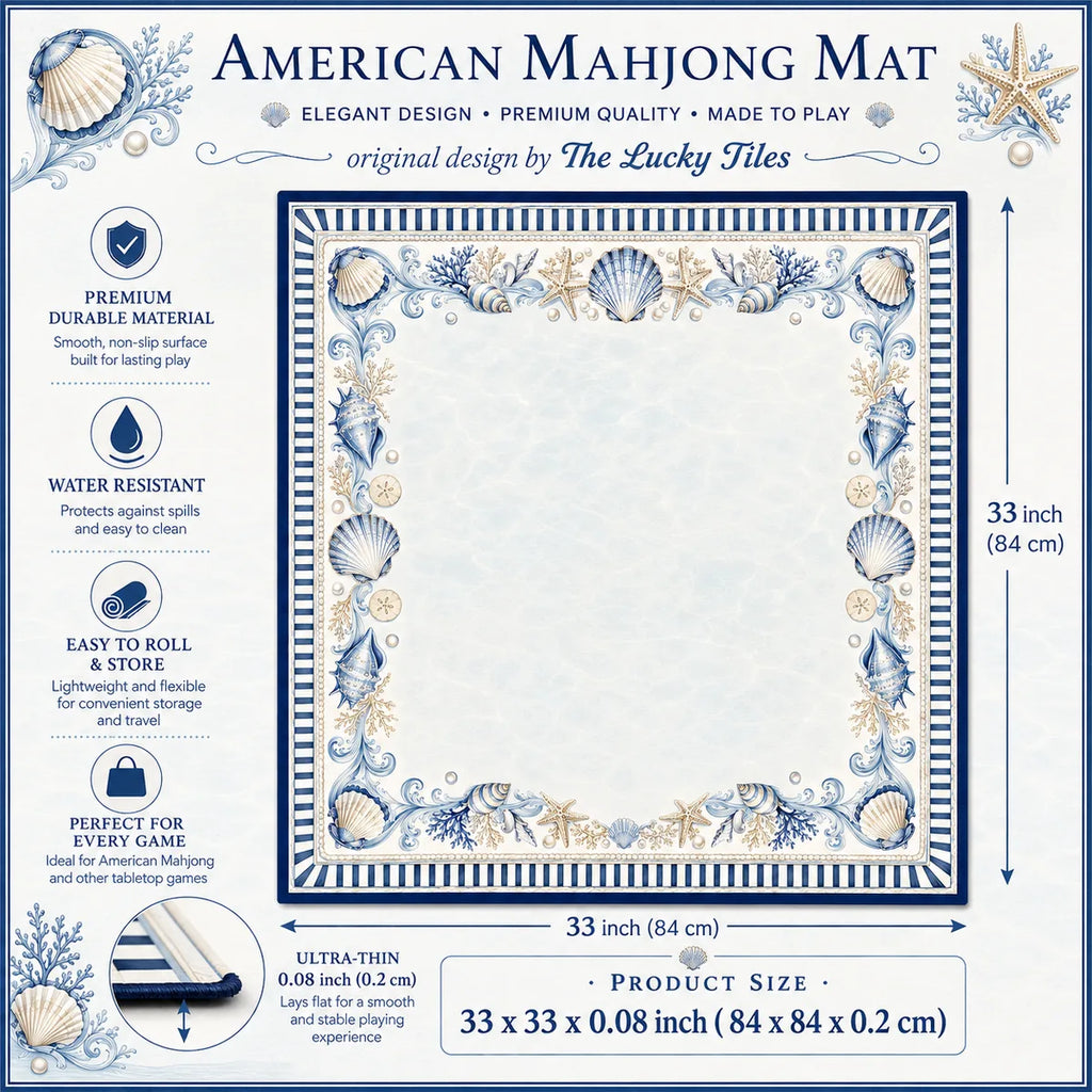 Coastal Shells — Blue & White American Mahjong mat product and lifestyle view 5