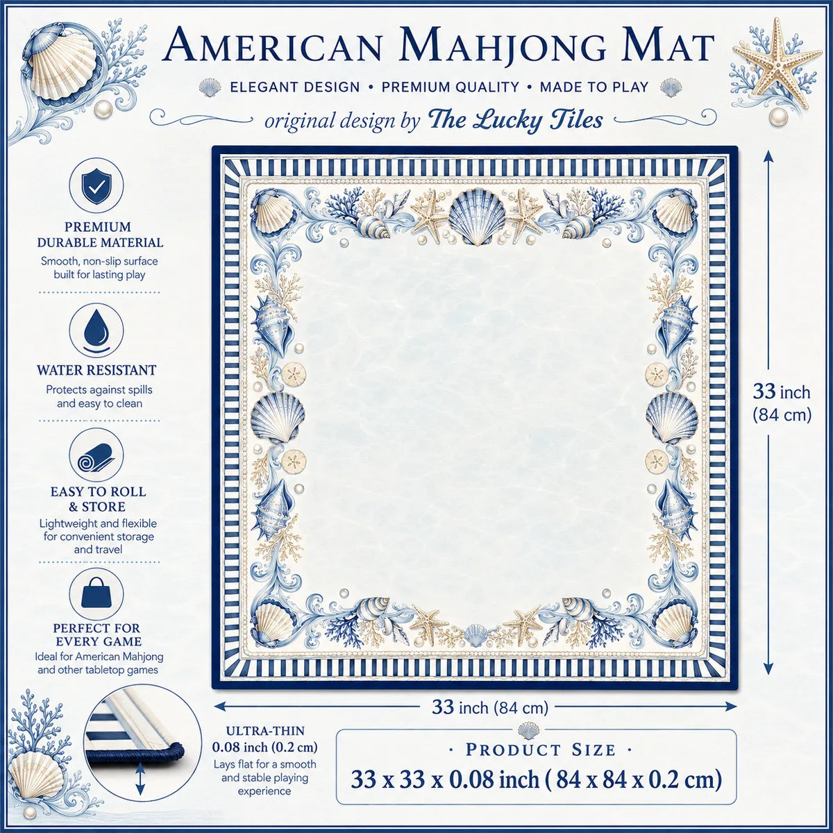 Coastal Shells — Blue & White American Mahjong mat product and lifestyle view 5