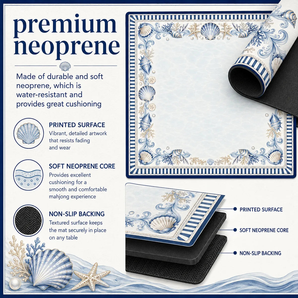 Coastal Shells — Blue & White American Mahjong mat product and lifestyle view 6
