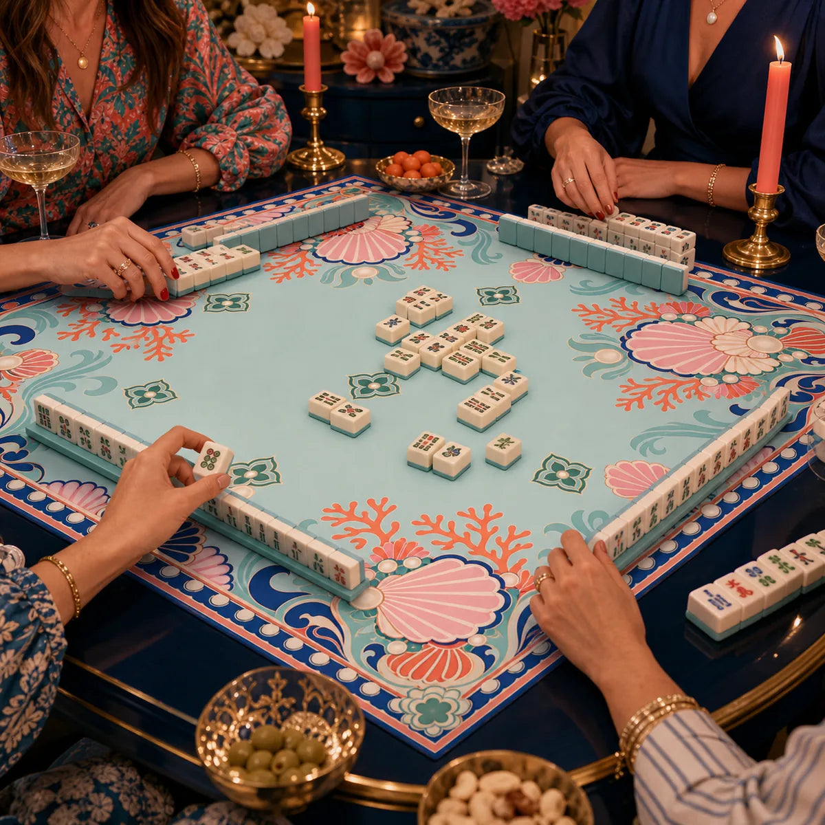 Coral Geometry American Mahjong mat product and lifestyle view 4