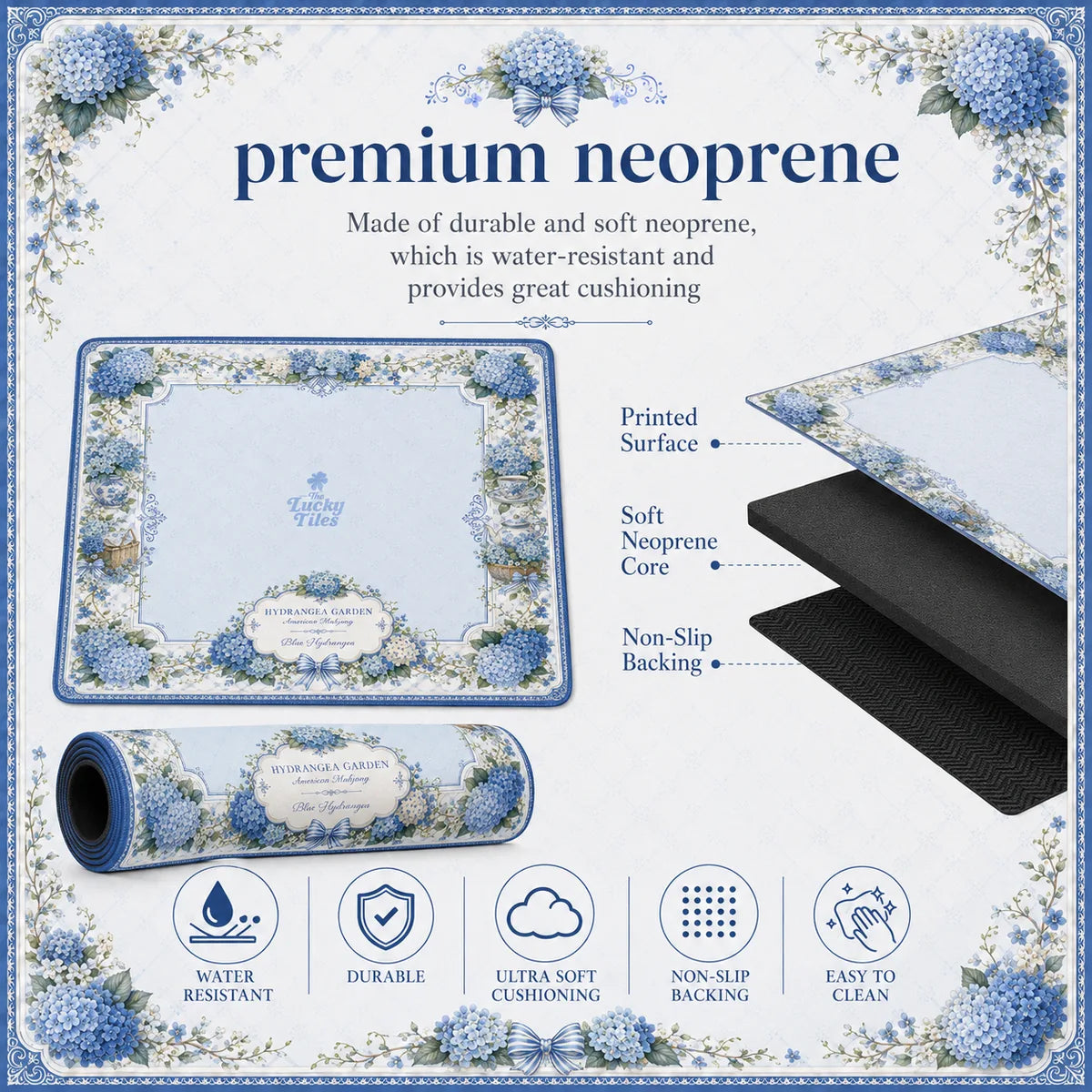 Hydrangea Garden — Blue American Mahjong mat product and lifestyle view 2