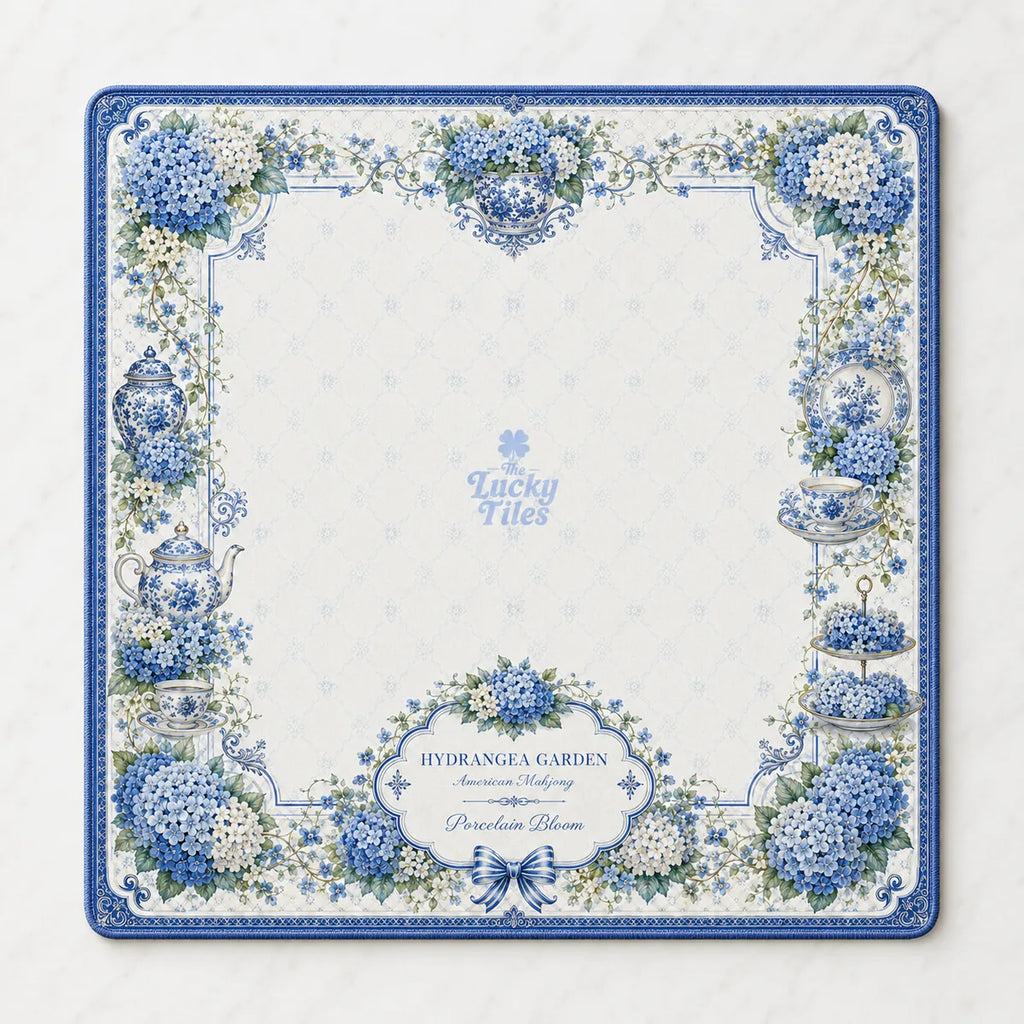 Hydrangea Garden — Blue & White American Mahjong mat product and lifestyle view 2