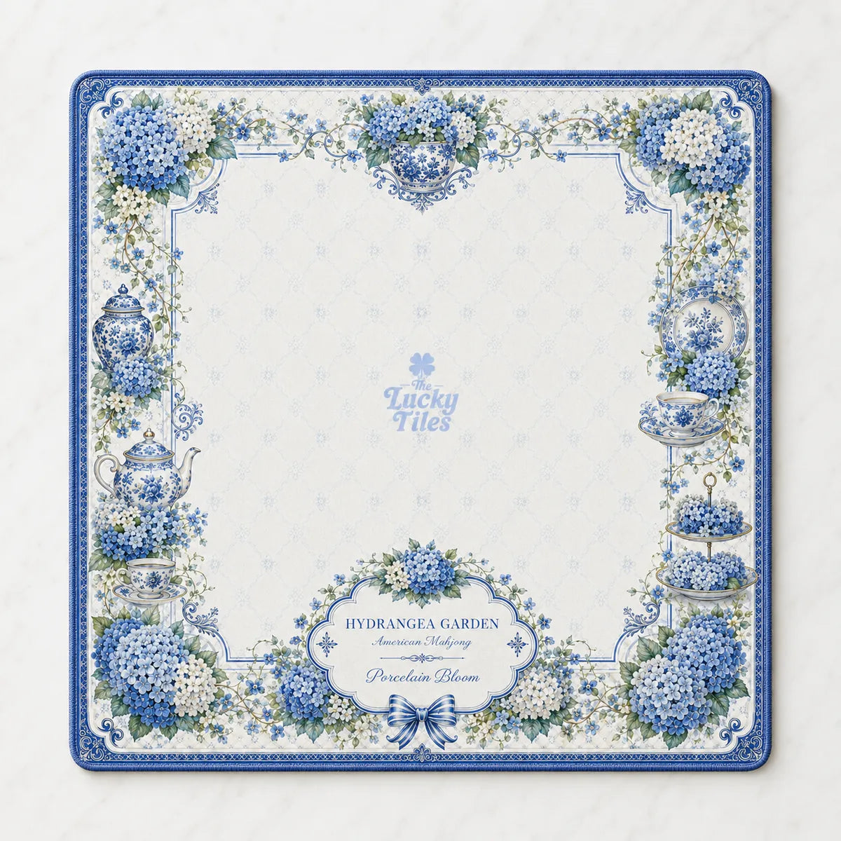 Hydrangea Garden — Blue & White American Mahjong mat product and lifestyle view 2