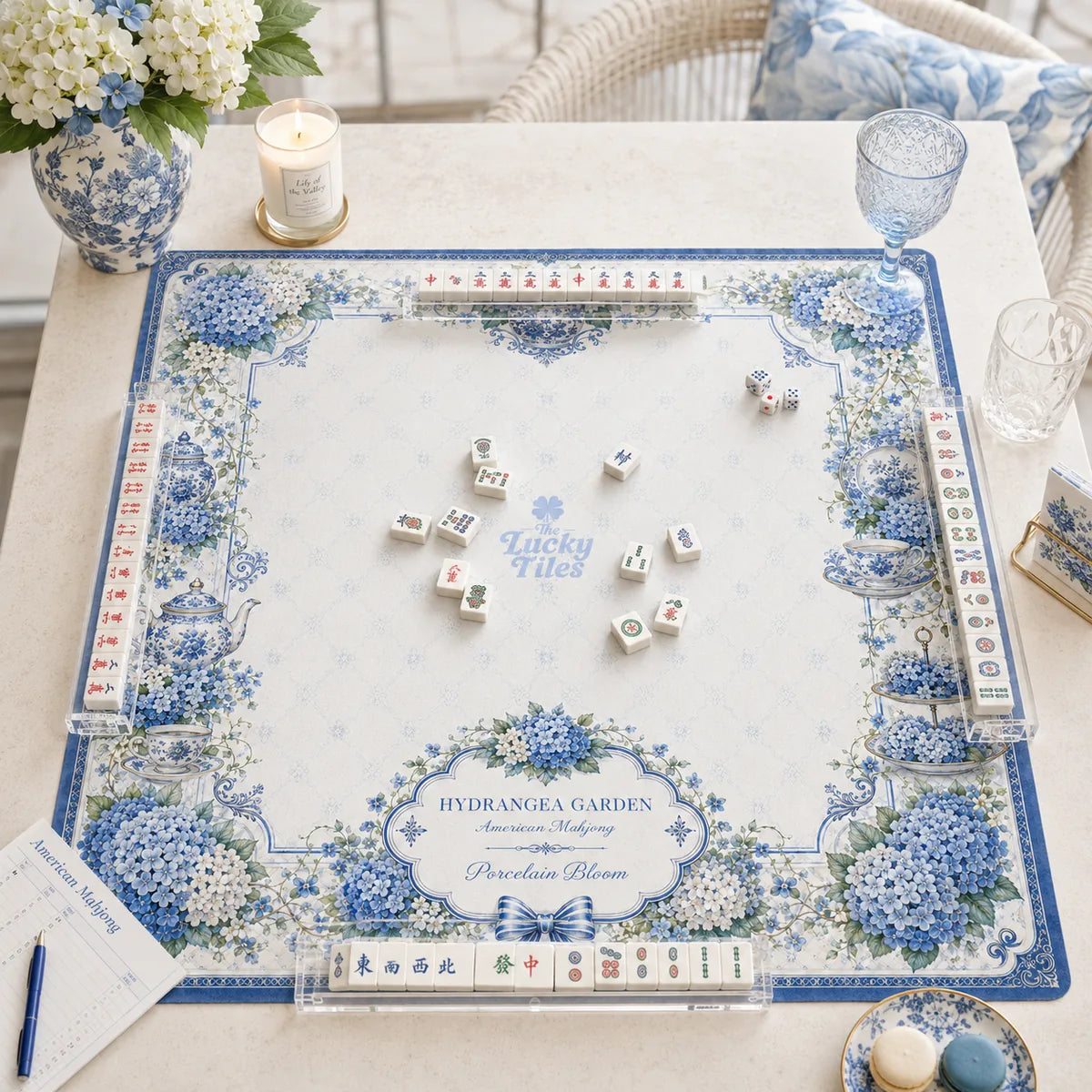Hydrangea Garden — Blue & White American Mahjong mat product and lifestyle view 3