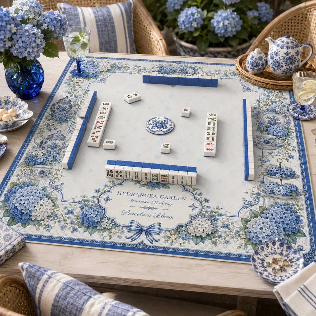 Hydrangea Garden — Blue & White American Mahjong mat product and lifestyle view 5