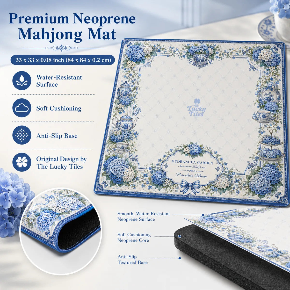 Hydrangea Garden — Blue & White American Mahjong mat product and lifestyle view 6