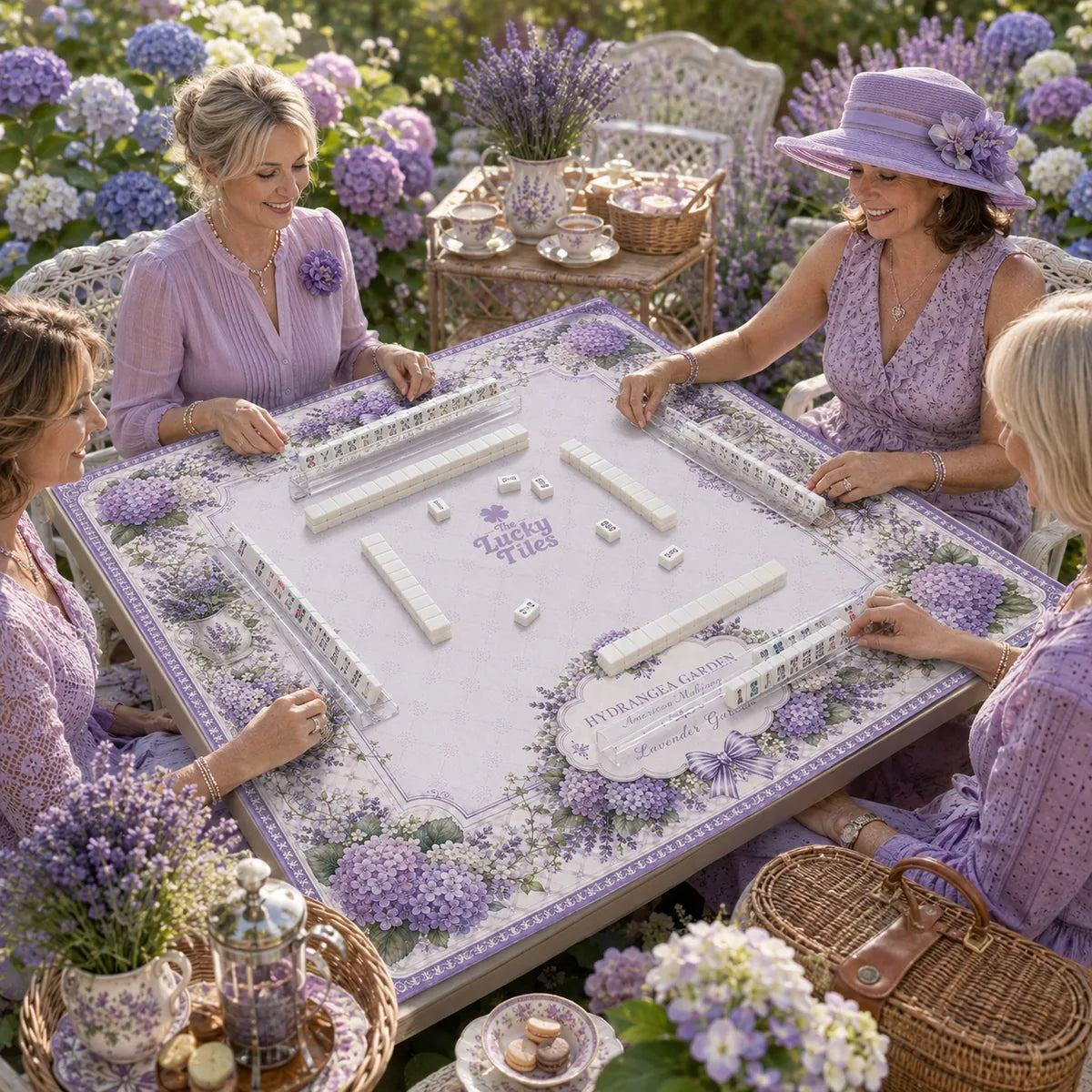 Hydrangea Garden — Lavender American Mahjong mat product and lifestyle view 4