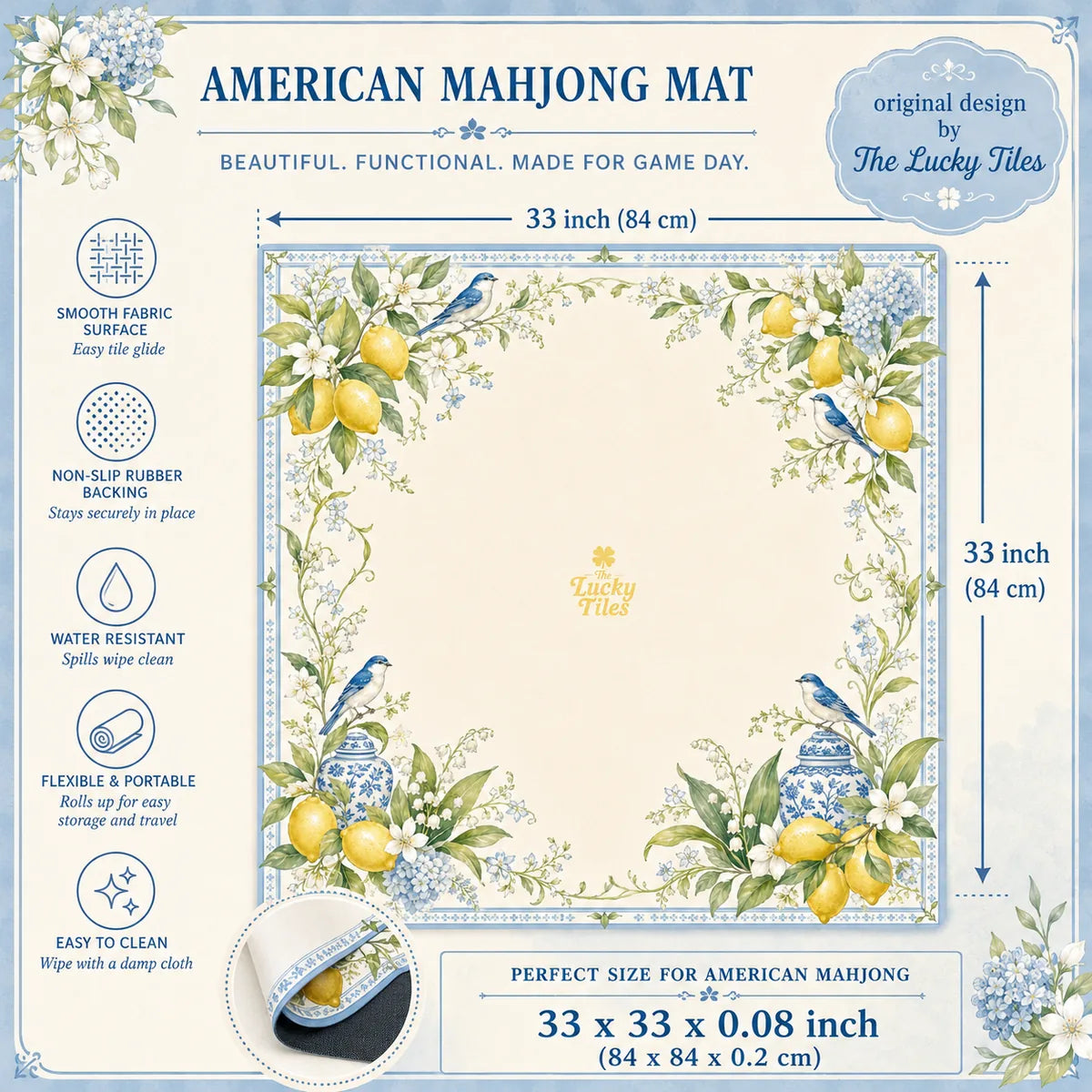 Lemon Bird Garden American Mahjong mat product and lifestyle view 5