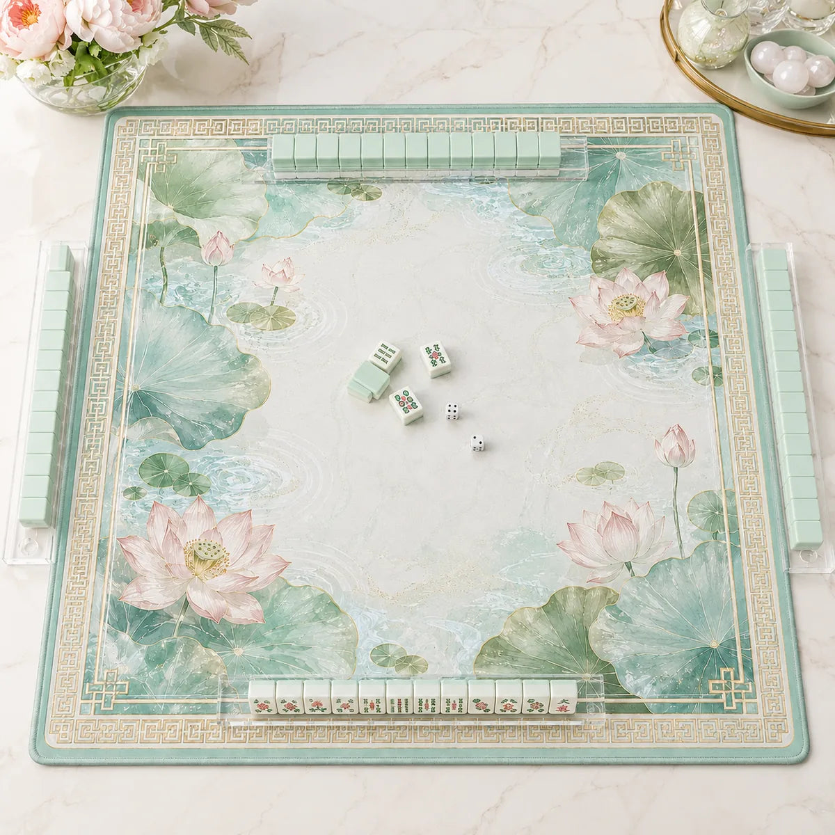 Lotus Garden American Mahjong mat product and lifestyle view 3