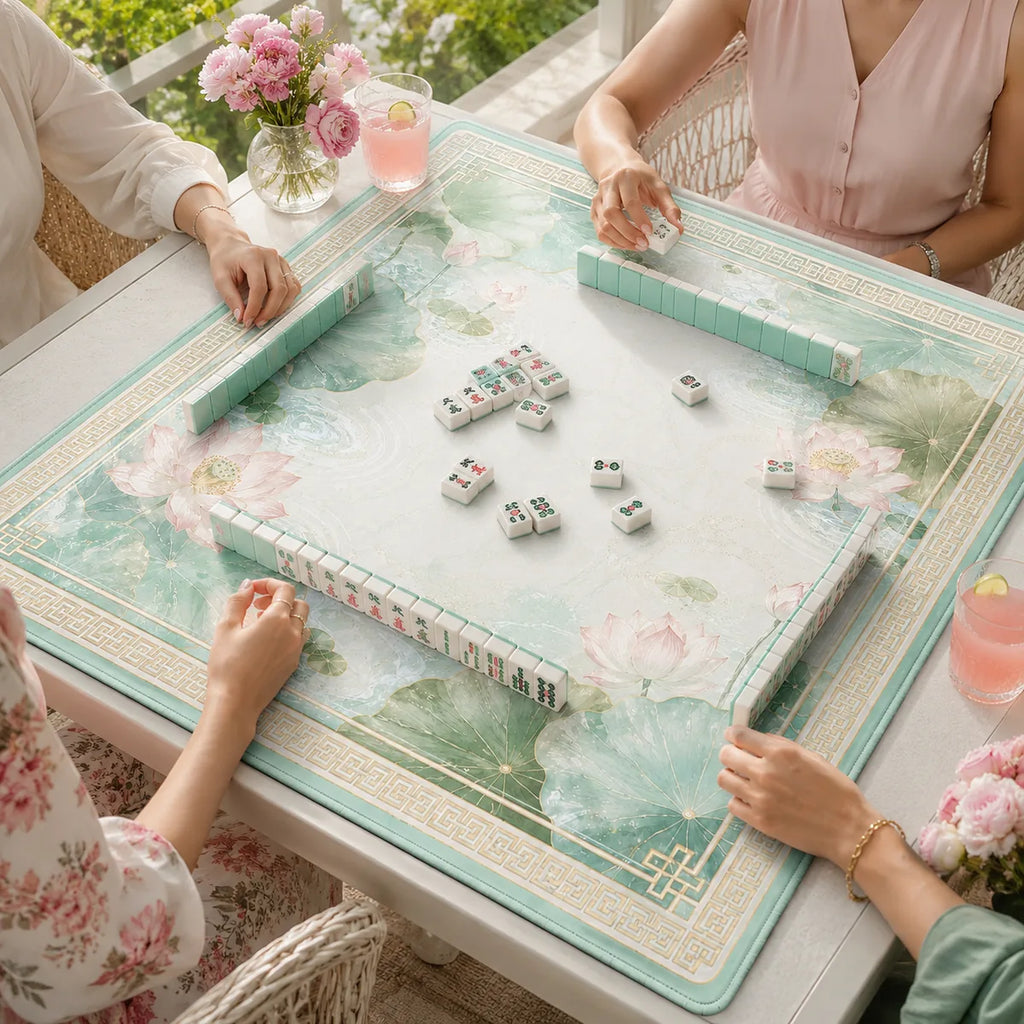 Lotus Garden American Mahjong mat product and lifestyle view 5