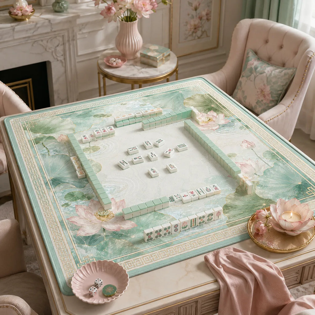 Lotus Garden American Mahjong mat product and lifestyle view 6