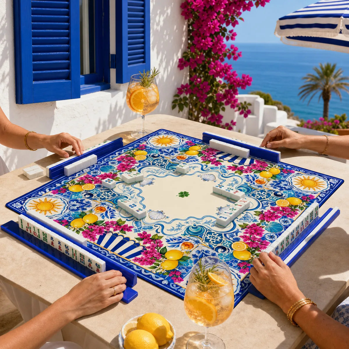 Mediterranean Lemon American Mahjong mat product and lifestyle view 3