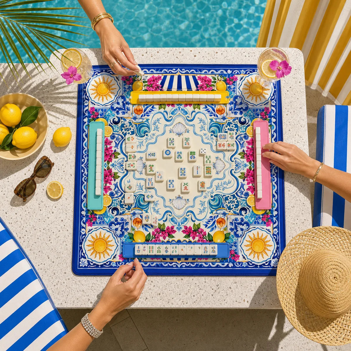 Mediterranean Lemon American Mahjong mat product and lifestyle view 4
