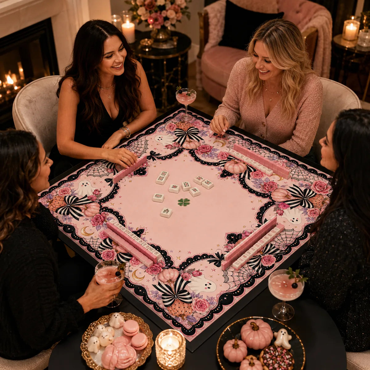 Pink Halloween American Mahjong mat product and lifestyle view 6