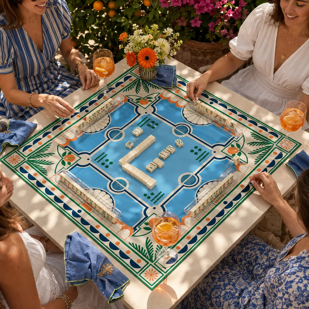 Poolside Palms American Mahjong mat product and lifestyle view 4