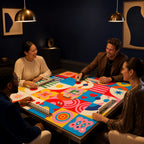 Four players using the colorful Pop Art Mahjong mat during an evening game