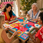 Four players using the Pop Art American Mahjong mat at a bright game night table