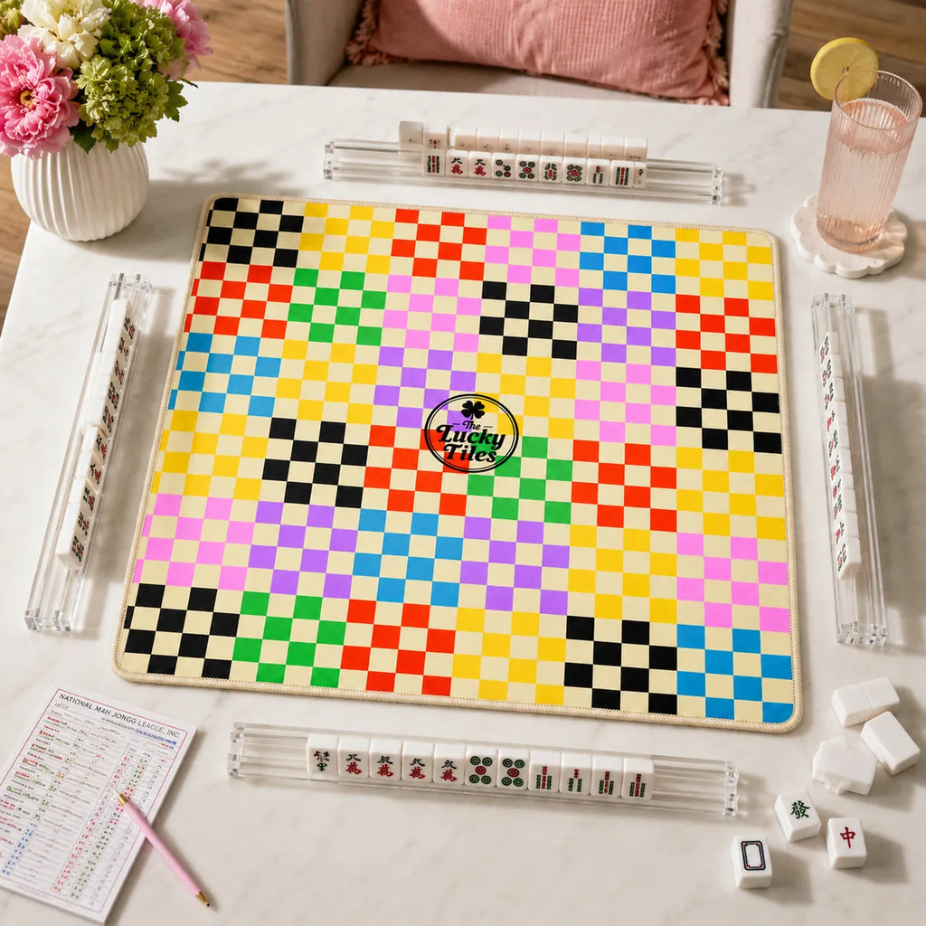 Rainbow Checkerboard American Mahjong mat product and lifestyle view 2