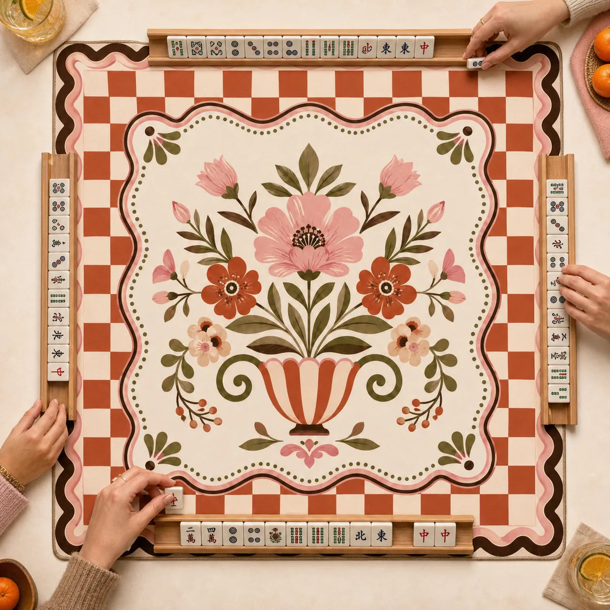 Vintage Check Florals American Mahjong mat full design by The Lucky Tiles