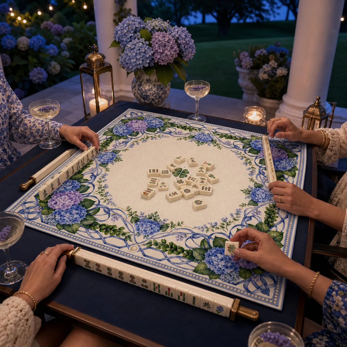 Wisteria Garden American Mahjong mat product and lifestyle view 5